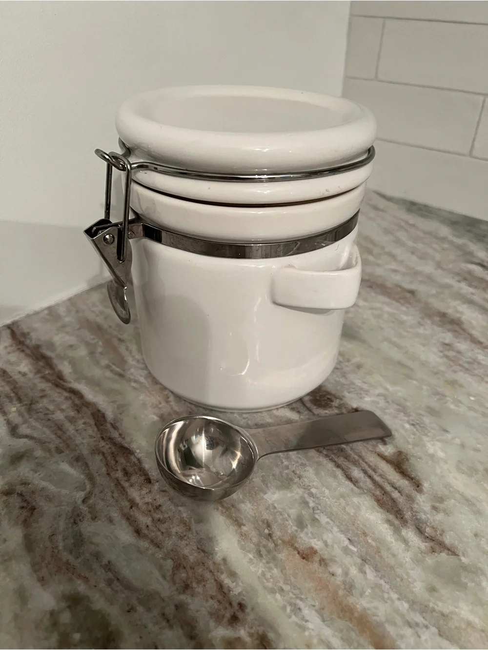 White Ceramic Airtight Storage Jar with Stainless Steel Scoop